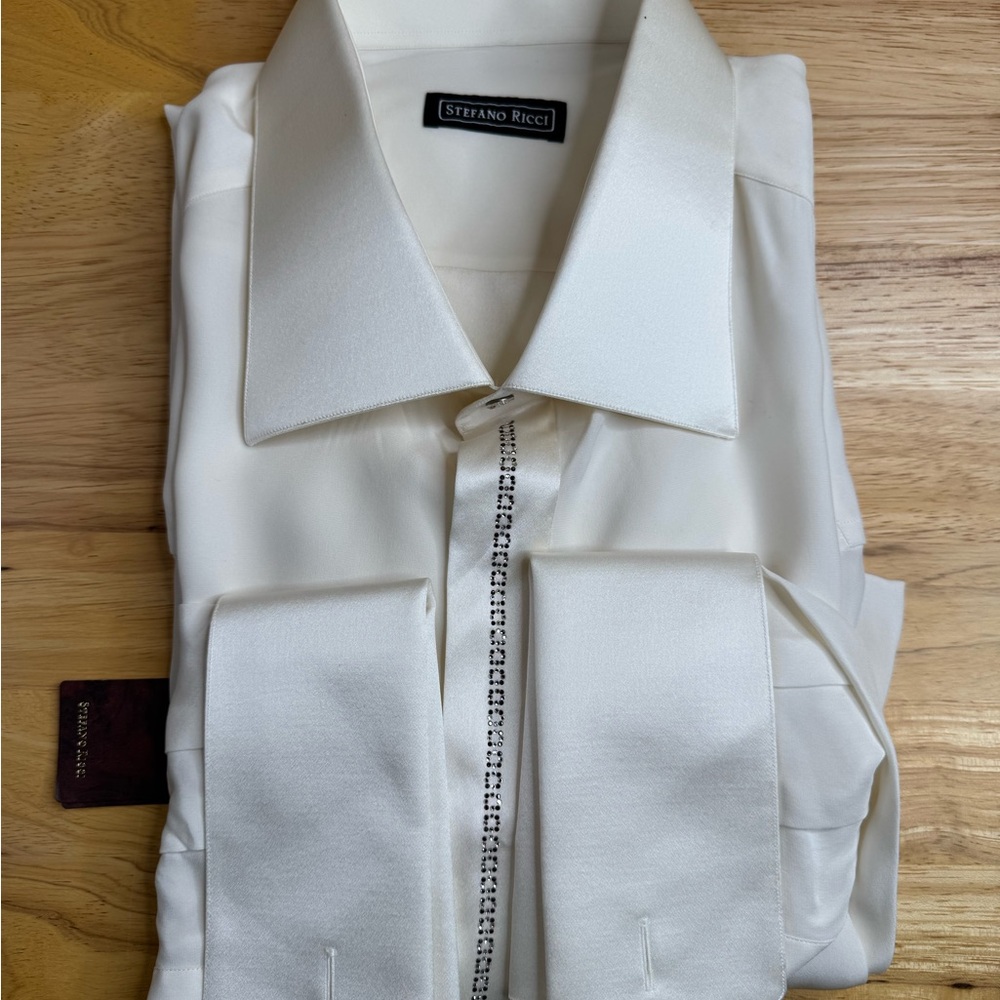 Stefano Ricci Men's Luxury Silk White Shirt with Swarovski Crystals/French Cuffs